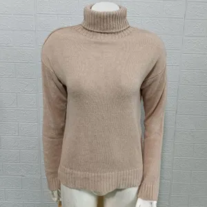 Detail shot of a classic plain turtleneck long-sleeve knit sweater in a cozy neutral tone.