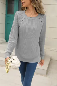 Grauer Damen Pullover mit Lochmuster Langarm Rundhalsausschnitt Strickpullover Detail