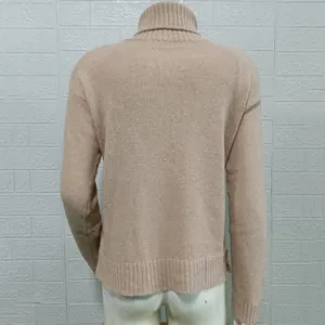 Solid color turtleneck long sleeve sweater back view detail, cozy knitwear top for women.
