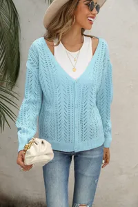 Cardigan Donna Scollo V Maniche Lunghe Maglia Traforata Casual Elegante Top Autunno