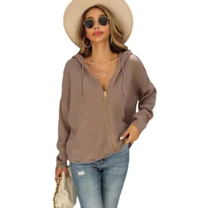 Women's knit zip-up hooded cardigan sweater with distressed hem, stylish casual outerwear.