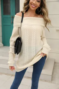 Details of off-shoulder solid knit sweater featuring cozy cable texture and elegant style.