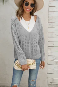 Cardigan in maglia traforata a maniche lunghe con collo a V da donna autunno inverno