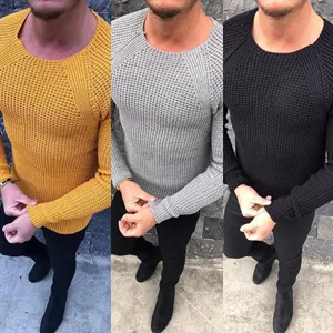 Herren Freizeit Langarm schmal geschnittener Rundhals Waffelstrick Pullover Oberteil