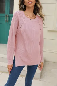 Rosa Lochmuster Strickpullover für Damen, lässiger Langarm Pullover für den Herbst.