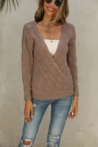 Gynaikeio plechto poulover makry maniki V-laimokopsi casual top gia tin fthinoporini moda