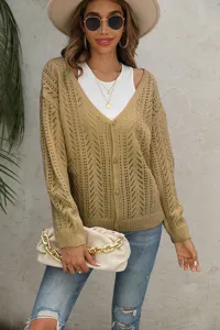 Cardigan in maglia traforata con scollo a V da donna top pullover casual autunnale.