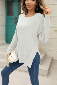 Damen Strickpullover Langarm Ajourmuster Seitenschlitz Herbst Winter Lässig Oberteil.