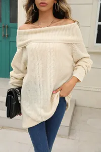 Off shoulder beige cable knit sweater for women stylish casual autumn winter apparel detail