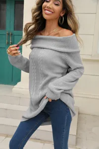 Women off shoulder grey cable knit sweater casual long sleeve pullover autumn winter apparel