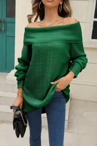 Detailed view of the cozy green off-the-shoulder cable knit sweater featuring relaxed long sleeves.