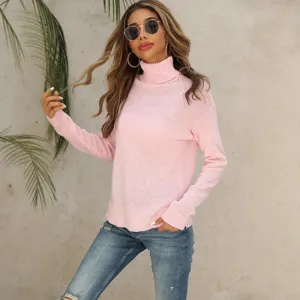 Women's pink turtleneck knitted sweater solid color basic long sleeve pullover autumn winter