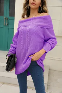Women off-the-shoulder purple cable knit sweater casual long sleeve chic pullover top
