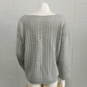 Vista posteriore di un maglione in maglia traforata grigia, dettagli maniche lunghe.