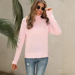 Women solid color turtleneck long sleeve knit sweater, casual chic autumn winter basic pullover top.