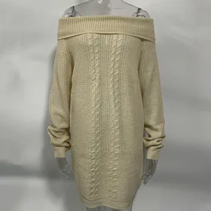 Off-shoulder cable knit sweater dress for women, cozy winter casual long sleeve apparel.