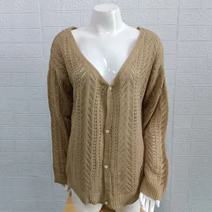 Cardigan in maglia da donna scollo V maniche lunghe pullover traforato chic elegante