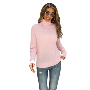 Women pink turtleneck long sleeve knit sweater solid color casual winter pullover top