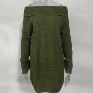 Detailed view of the dark green off-shoulder cable knit sweater dress, comfortable fit.