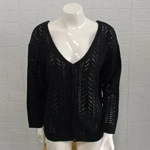 Vista dettagliata del cardigan in maglia traforata nera, texture pullover manica.