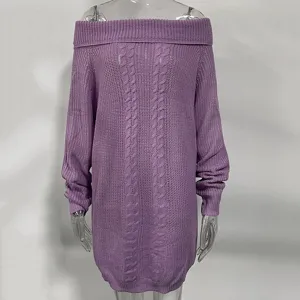 Purple off-shoulder knitted sweater for women, classic cable knit design for cozy autumn wear.