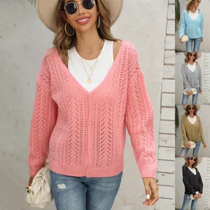 Donne Casual Tinta Unita Scollo a V Manica Lunga Traforato Maglia Cardigan Maglione Elegante Commuter Autunno Inverno Maglieria