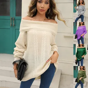 Women Casual Off Shoulder Long Sleeve Pullover Solid Color Acrylic Knit Sweater Autumn Winter Fashion Apparel