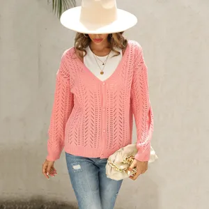 Donna Tinta Unita Collo a V Manica Lunga Cardigan in Maglia Traforata Maglione
