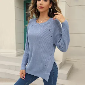 Damen lässiger ausgehöhlter Strickpullover Herbst Langarm Rundhalsausschnitt Top
