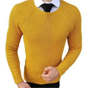 Herren gelber Strickpullover, klassischer Rundhalsausschnitt langarm Pullover fuer Herbst.