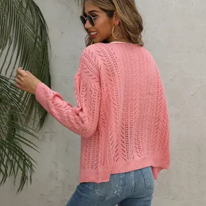 Donna cardigan lavorato a maglia rosa scollo a V manica lunga pullover autunno top chic