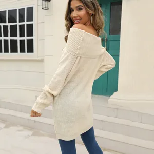 Women's off-the-shoulder solid color knit sweater, casual long sleeve pullover top for autumn.