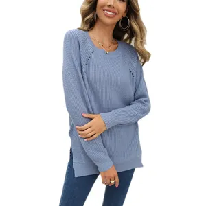 Damen Ajour Strickpullover Langarm Lässig Herbst Winter Elegante Mode Strick Oberteil