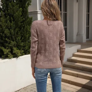 Γυναικείο πλεκτό πουλόβερ με διάτρητο σχέδιο μονόχρωμο μακρυμάνικο για το φθινόπωρο