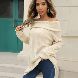 Off-shoulder knitted sweater for women, solid color casual long sleeve autumn winter pullover top