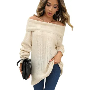 Women off shoulder solid color knitted sweater casual long sleeve pullover top main view