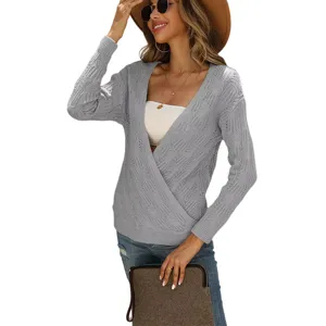 Κομψή Γυναικεία Γκρι Πλεκτό Πουλόβερ V-Neck Μακρυμάνικο Σέξι Φθινόπωρο Casual Top