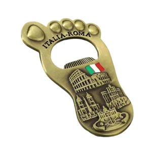 Vintage metal foot shaped Rome Italy souvenir bottle opener and fridge magnet decor.