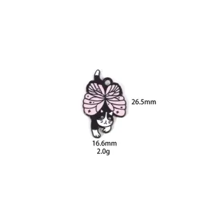 Detailed view of the cute cartoon cat enamel pendant with pink butterfly wings in zinc alloy.