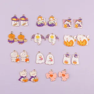 Details of Halloween enamel charms showing cute ghosts, cats, and pumpkins for DIY jewelry crafting.