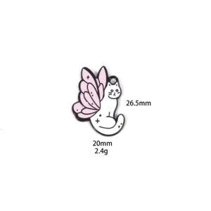 Close-up detail of the cute pink cat charm with fairy wings, zinc alloy metal craft pendant.