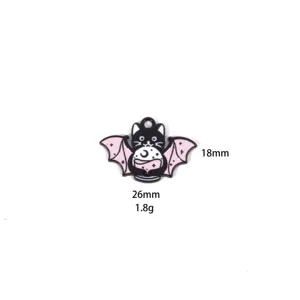 Halloween cartoon cat enamel pendant, pink bat wings metal charm for DIY necklace key