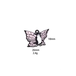 Close-up detail of the cute cat with pink butterfly wings metal pendant charm accessory.