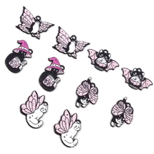 Cute Halloween black cat enamel charms with pink butterfly and bat wings for jewelry making.