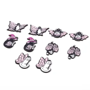 Cute Halloween cartoon cat alloy charms set with pink butterfly wings for DIY jewelry making.