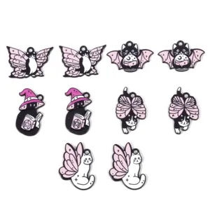 Halloween Cartoon Cat Pendant Zinc Alloy Drip Oil Pink Butterfly Wings Bat Magic Cat DIY Jewelry Accessories Necklace Keychain Charm