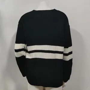 Back view detail of women black striped knitted sweater, classic casual autumn winter knitwear top.
