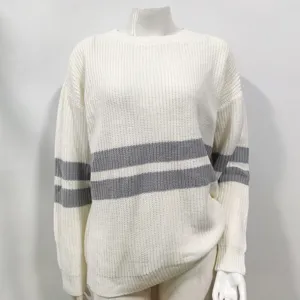 Close-up detail view of women's striped knit sweater, showing soft texture and fabric.