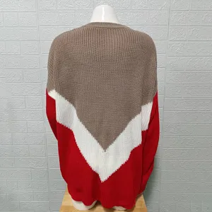 Back view of women's colorblock knit sweater, brown white red chevron striped pullover.