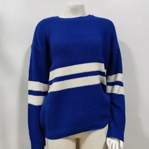 Blue and white striped knit sweater detail, cozy long sleeve pullover for women daily wear.